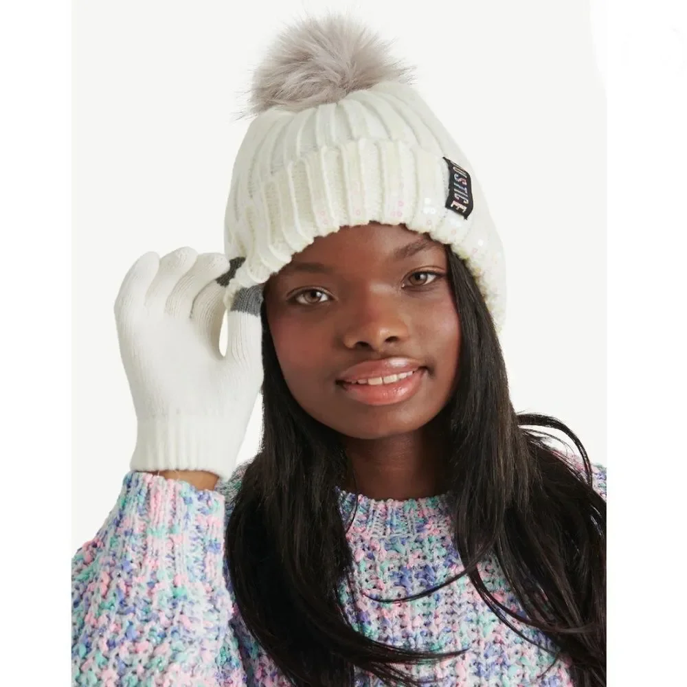 Girls Justice Ribbed & Full Print Winter Cozy Beanie and Gloves 2, 2-Piece Sets